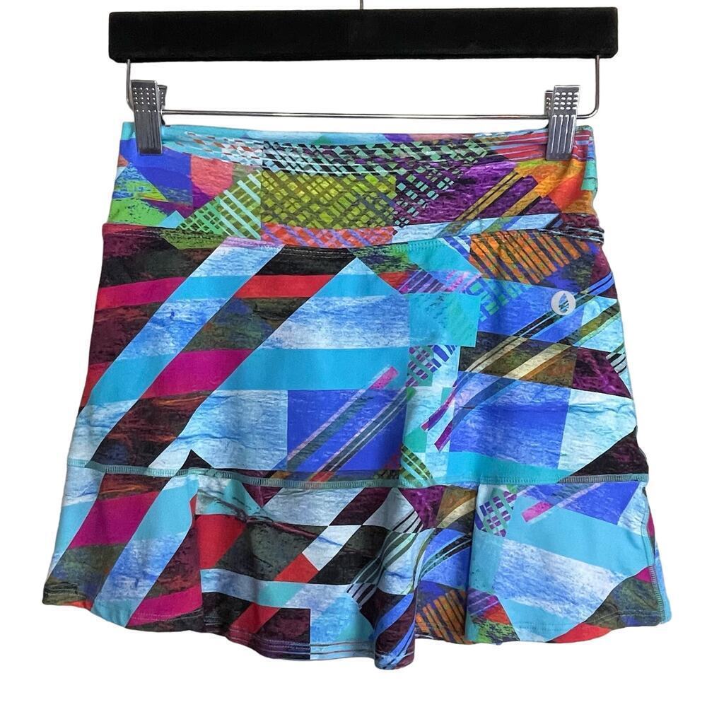 Dona Jo Skirt Sz‎ 1 Small Skort Blue Teal Mixed Patchwork Geometric Print Hem